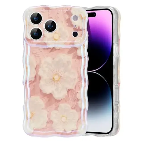 EYZUTAK Case for iPhone 17 Pro, Colorful Retro Oil Painting Flower Laser Glossy Pattern Cute Curly Wave Edge Exquisite Phone Cover Stylish Durable TPU Protective Case for Girl Women - Light Pink - EYZUTAK