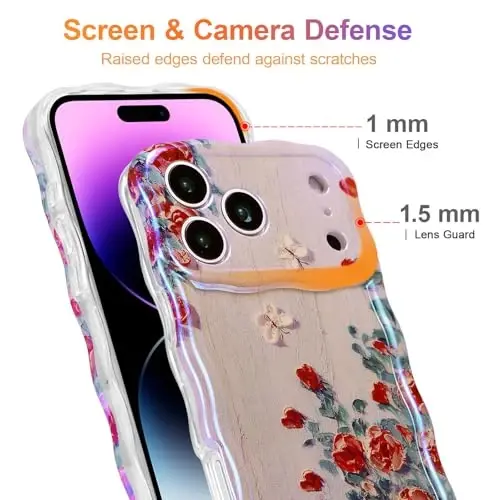 EYZUTAK Case for iPhone 17 Pro, Colorful Retro Oil Painting Printed Flower Laser Glossy Pattern Cute Curly Wave Edge Exquisite Phone Cover Stylish Durable TPU Protective Case for Girl Women-Beige - 4