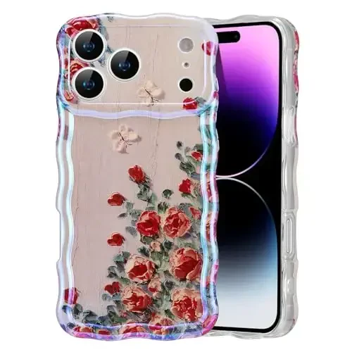 EYZUTAK Case for iPhone 17 Pro, Colorful Retro Oil Painting Printed Flower Laser Glossy Pattern Cute Curly Wave Edge Exquisite Phone Cover Stylish Durable TPU Protective Case for Girl Women-Beige 