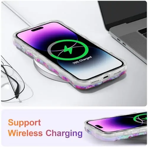 EYZUTAK Case for iPhone 17 Pro, Colorful Retro Oil Painting Printed Flower Laser Glossy Pattern Cute Curly Wave Edge Exquisite Phone Cover Stylish Durable TPU Protective Case for Girl Women-Beige - 6