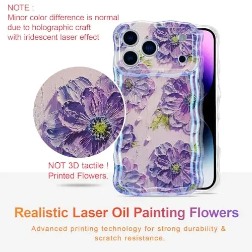 EYZUTAK Case for iPhone 17 Pro, Colorful Retro Oil Painting Printed Flower Laser Glossy Pattern Cute Curly Wave Edge Exquisite Phone Cover Stylish Durable TPU Protective Case for Girl Women-Purple - 2