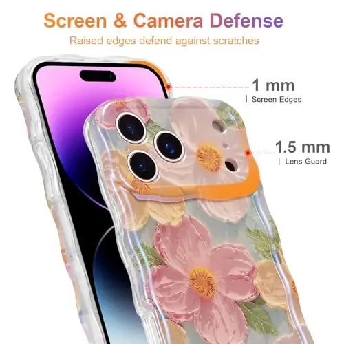 EYZUTAK Case for iPhone 17 Pro, Colorful Retro Oil Painting Printed Flower Laser Glossy Pattern Cute Curly Wave Edge Exquisite Phone Cover Stylish Durable TPU Protective Case for Girl Women-Green - 4