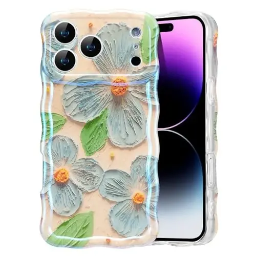 EYZUTAK Case for iPhone 17 Pro, Colorful Retro Oil Painting Flower Leaf Laser Glossy Pattern Cute Curly Waves Edge Exquisite Phone Cover Stylish Durable TPU Protective Case for Women - Blue Green 