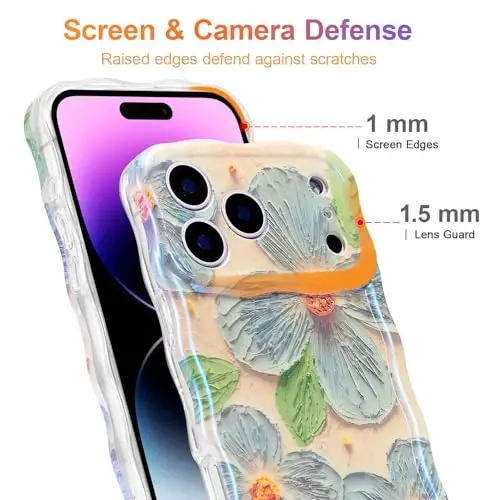 EYZUTAK Case for iPhone 17 Pro, Colorful Retro Oil Painting Flower Leaf Laser Glossy Pattern Cute Curly Waves Edge Exquisite Phone Cover Stylish Durable TPU Protective Case for Women - Blue Green - 4