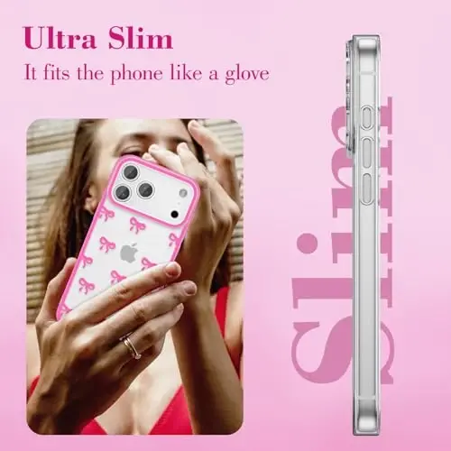 EYZUTAK Case for iPhone 17 Pro, Clear Cute Ribbon Bowknot Pattern Aesthetic Transparent Phone Case Raised Camera Protection Stylish Slim Soft Durable TPU Protective Cover for Women Girls - Rose Red - 10