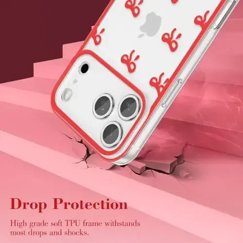 EYZUTAK Case for iPhone 17 Pro, Clear Cute Ribbon Bowknot Pattern Aesthetic Transparent Phone Case Raised Camera Protection Stylish Slim Soft Durable TPU Protective Cover for Women Girls - Red - 3