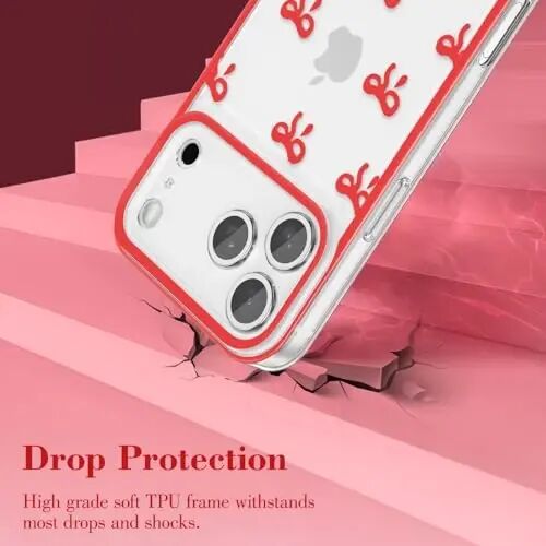 EYZUTAK Case for iPhone 17 Pro, Clear Cute Ribbon Bowknot Pattern Aesthetic Transparent Phone Case Raised Camera Protection Stylish Slim Soft Durable TPU Protective Cover for Women Girls - Red - 3