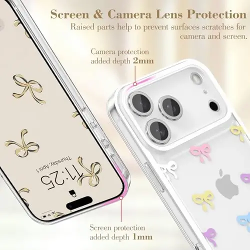 EYZUTAK Case for iPhone 17 Pro, Clear Cute Ribbon Bowknot Pattern Aesthetic Transparent Phone Case Raised Camera Protection Stylish Slim Soft Durable TPU Protective Cover for Women Girls - Colorful - 2