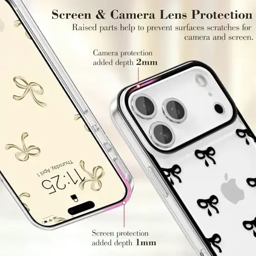 EYZUTAK Case for iPhone 17 Pro, Clear Cute Ribbon Bowknot Pattern Aesthetic Transparent Phone Case Raised Camera Protection Stylish Slim Soft Durable TPU Protective Cover for Women Girls - Black - 2