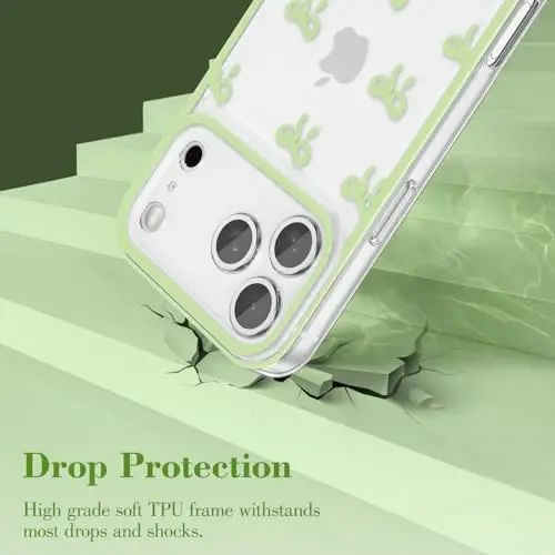 EYZUTAK Case for iPhone 17 Pro, Clear Cute Ribbon Bowknot Pattern Aesthetic Transparent Phone Case Raised Camera Protection Stylish Slim Soft Durable TPU Protective Cover for Women Girls - Green - 11