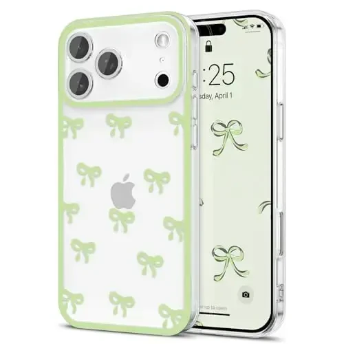 EYZUTAK Case for iPhone 17 Pro, Clear Cute Ribbon Bowknot Pattern Aesthetic Transparent Phone Case Raised Camera Protection Stylish Slim Soft Durable TPU Protective Cover for Women Girls - Green - 1