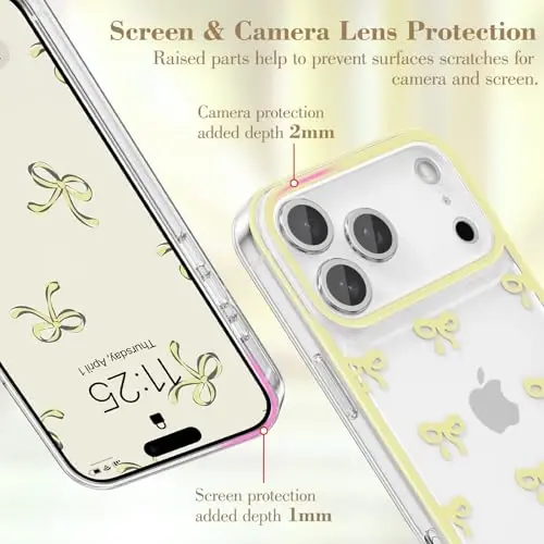 EYZUTAK Case for iPhone 17 Pro, Clear Cute Ribbon Bowknot Pattern Aesthetic Transparent Phone Case Raised Camera Protection Stylish Slim Soft Durable TPU Protective Cover for Women Girls - Yellow - 2