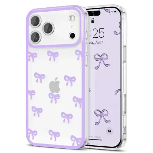 EYZUTAK Case for iPhone 17 Pro, Clear Cute Ribbon Bowknot Pattern Aesthetic Transparent Phone Case Raised Camera Protection Stylish Slim Soft Durable TPU Protective Cover for Women Girls - Purple 