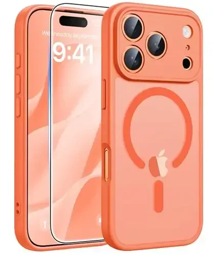 FNTCASE for iPhone 17 Pro Case: [Compatible with Magsafe] Translucent Matte Cases with [Full Camera Protection] [Screen Protector] Military Grade Shockproof Protective Phone Cover - Orange - 1