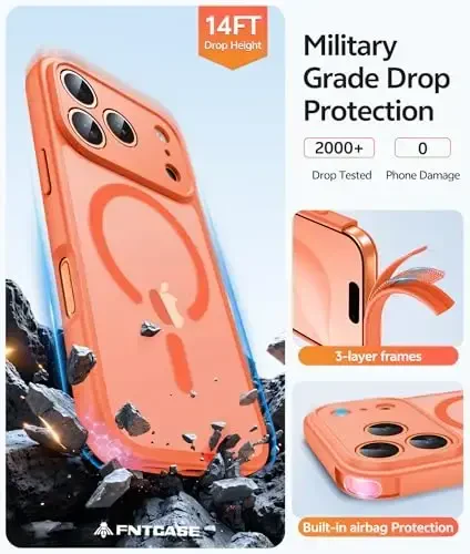 FNTCASE for iPhone 17 Pro Case: [Compatible with Magsafe] Translucent Matte Cases with [Full Camera Protection] [Screen Protector] Military Grade Shockproof Protective Phone Cover - Orange - 5