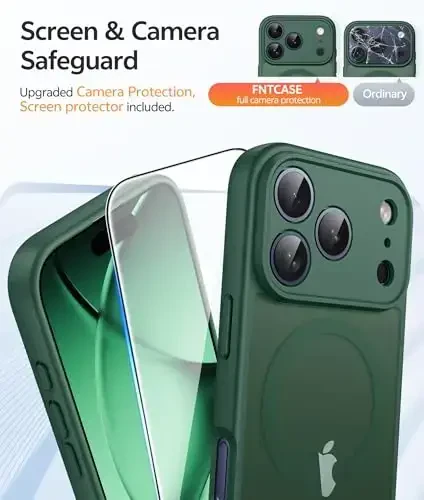 FNTCASE for iPhone 17 Pro Case: [Compatible with Magsafe] Translucent Matte Cases with [Full Camera Protection] [Screen Protector] Military Grade Shockproof Protective Phone Cover - Green - 4