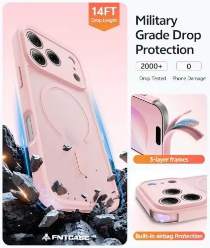 FNTCASE for iPhone 17 Pro Case, Fit for Magsafe, Screen Protector | Full Camera Protection, Translucent Matte, 14FT Military Grade Drop Proof, Shockproof Protective Phone Cover, Light Pink - 1