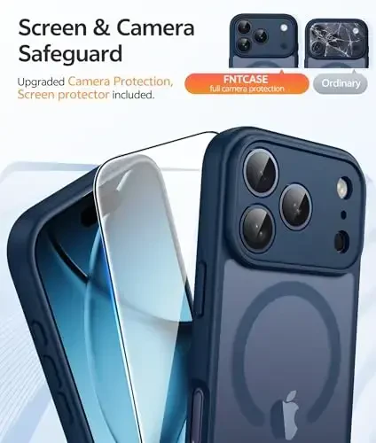 FNTCASE for iPhone 17 Pro Case: [Compatible with Magsafe] Translucent Matte Cases with [Full Camera Protection] [Screen Protector] Military Grade Shockproof Protective Phone Cover - Blue - 4