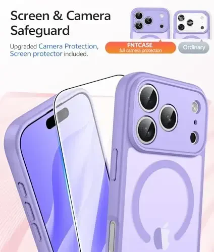 FNTCASE for iPhone 17 Pro Case: [Compatible with Magsafe] Translucent Matte Cases with [Full Camera Protection] [Screen Protector] Military Grade Shockproof Protective Phone Cover - Light Purple - 4