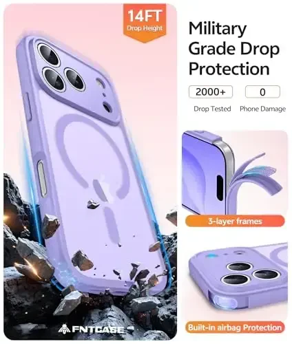 FNTCASE for iPhone 17 Pro Case: [Compatible with Magsafe] Translucent Matte Cases with [Full Camera Protection] [Screen Protector] Military Grade Shockproof Protective Phone Cover - Light Purple - 5