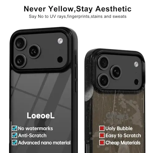 LoeoeL for iPhone 17 Pro Case Clear, Transparent Hybrid iPhone 17 Pro Phone Case [Hard Plastic & Soft Silicone Bumper] Acrylic Non Yellowing Thin Slim Protective Cover for Women, Black - 4