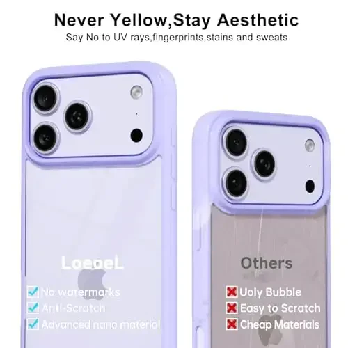 LoeoeL for iPhone 17 Pro Case Clear, Transparent Hybrid iPhone 17 Pro Phone Case [Hard Plastic & Soft Silicone Bumper] Acrylic Non Yellowing Thin Slim Protective Cover for Women, Purple Lavender - 4