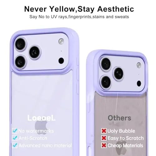 LoeoeL for iPhone 17 Pro Case Clear, Transparent Hybrid iPhone 17 Pro Phone Case [Hard Plastic & Soft Silicone Bumper] Acrylic Non Yellowing Thin Slim Protective Cover for Women, Purple Lavender - 4