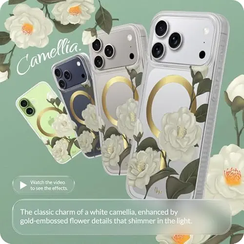 iPhone 17 Pro için LONLI Hue Kılıf - Altın Varaklı Stamenli Kamelya Darbeye Dayanıklı Mıknatıslı Telefon Kılıfı - [Magsafe ile Uyumlu] - Zarif, Benzersiz ve Estetik - LONLI (1)