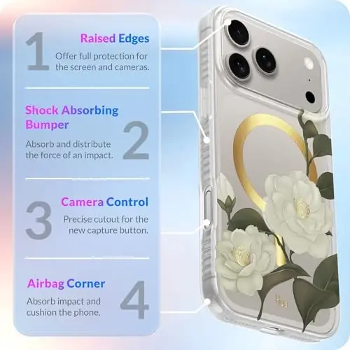 iPhone 17 Pro için LONLI Hue Kılıf - Altın Varaklı Stamenli Kamelya Darbeye Dayanıklı Mıknatıslı Telefon Kılıfı - [Magsafe ile Uyumlu] - Zarif, Benzersiz ve Estetik - 5