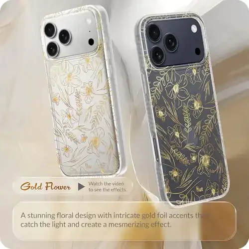 LONLI Hue for iPhone 17 Pro Case - Golden Floral Shockproof Phone Cover - [Shock-Absorbent Bumper] - Elegant, Unique and Aesthetic for Women and Girls - 2