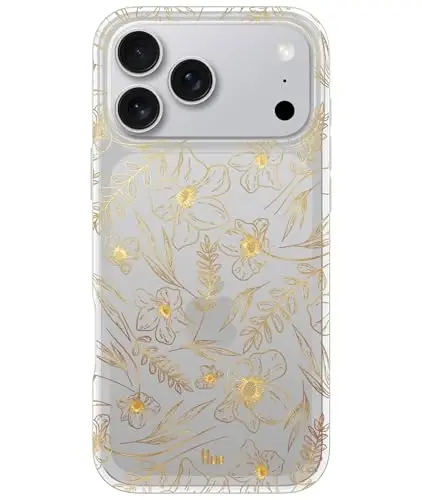 LONLI Hue for iPhone 17 Pro Case - Golden Floral Shockproof Phone Cover - [Shock-Absorbent Bumper] - Elegant, Unique and Aesthetic for Women and Girls 