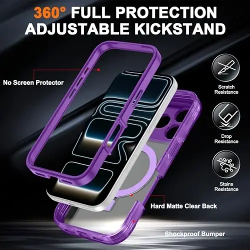 Casehas for iPhone 17 Pro Case with Magnetic Invisible Stand [Compatible with MagSafe] Military Drop Protection Shockproof Slim Translucent Skin-Touch Case Cover Violet - 2
