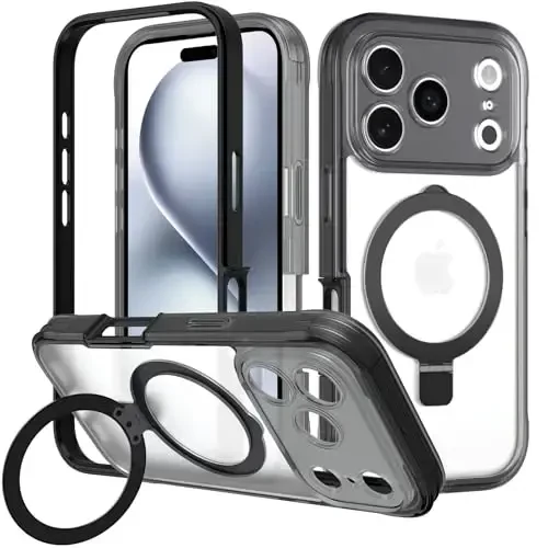 Casehas for iPhone 17 Pro Case with Magnetic Invisible Stand [Compatible with MagSafe] Military Drop Protection Shockproof Slim Translucent Skin-Touch Case Cover Black 