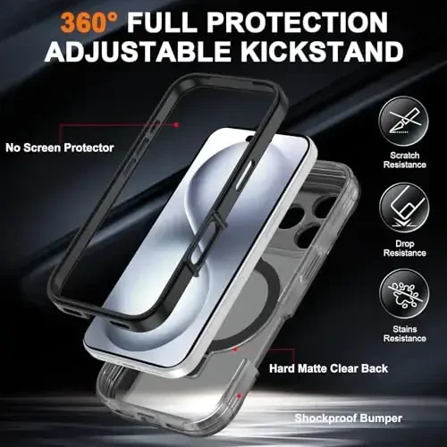 Casehas for iPhone 17 Pro Case with Magnetic Invisible Stand [Compatible with MagSafe] Military Drop Protection Shockproof Slim Translucent Skin-Touch Case Cover Black - CASEHAS (1)