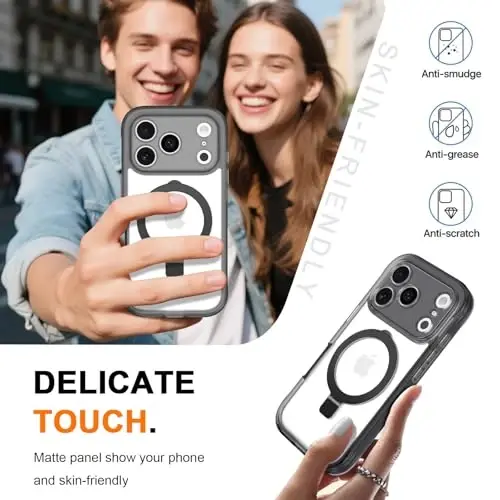 Casehas for iPhone 17 Pro Case with Magnetic Invisible Stand [Compatible with MagSafe] Military Drop Protection Shockproof Slim Translucent Skin-Touch Case Cover Black - 6
