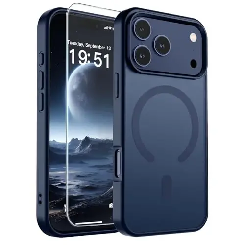 iPhone 17 Pro için SUPFINE Manyetik Kılıf, Ekran Koruyuculu (MagSafe Uyumlu) (Askeri Sınıf Düşme Koruması) Yarı Saydam Mat Darbeye Dayanıklı, Parmak İzi Önleyici Telefon Kılıfı, Koyu Mavi 