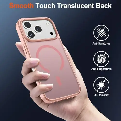iPhone 17 Pro için SUPFINE Manyetik Kılıf (MagSafe ile Uyumlu) (Askeri Sınıf Düşme Koruması) Yarı Saydam Mat Darbeye Dayanıklı, Parmak İzi Bırakmayan Telefon Kılıfı, Pembe - 6
