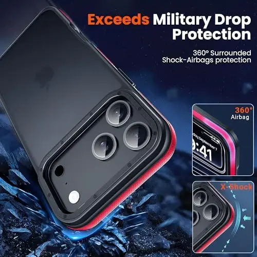 iPhone 17 Pro için Yriklso Telefon Kılıfı, 1X Ekran Koruyucu + 1X Kamera Lensi, iPhone 17 Pro Kılıfı için Darbeye Dayanıklı, Askeri Sınıf Düşme Koruması, iPhone 17 için Arka İnce Yarı Saydam Kılıf, Kırmızı Tampon - 4