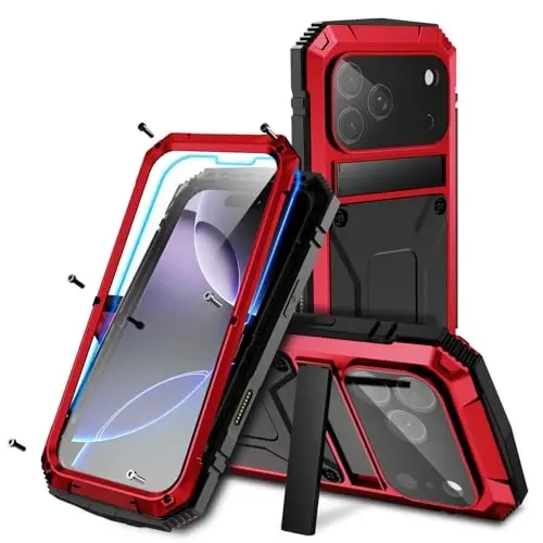 iPhone 17 Pro Kılıfı 6.3 inç ile Uyumlu, Ağır Hizmet Tipi Dayanıklı [Alüminyum Stand] Askeri Sınıf Metal Kauçuk [Dahili Ekran Koruyucu ve Kamera Lensi Koruması] Telefon Kılıfı (iPhone 17 Pro 6.3'' 2025 ile Uyumlu) Kırmızı 