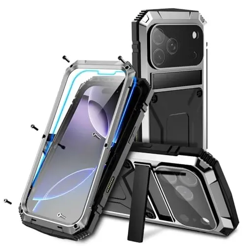 iPhone 17 Pro Kılıfı 6.3 inç ile uyumlu, Ağır Hizmet Tipi Dayanıklı [Alüminyum Standlı] Askeri Sınıf Metal Kauçuk [Dahili Ekran Koruyucu ve Kamera Lens Korumalı] Telefon Kılıfı (iPhone 17 Pro 6.3'' 2025 ile uyumlu) Gümüş 