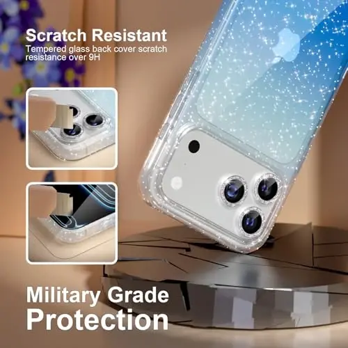 Choiche Compatible for iPhone 17 Pro Case, Women Cute Clear Glitter Bling Sparkly Case, [3 x Diamond Camera Lens Protectors] [2 x Tempered Glass Screen Protectors] 6.3-inch (Glitter Clear/Blue) - 5