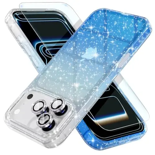 Choiche Compatible for iPhone 17 Pro Case, Women Cute Clear Glitter Bling Sparkly Case, [3 x Diamond Camera Lens Protectors] [2 x Tempered Glass Screen Protectors] 6.3-inch (Glitter Clear/Blue) - CHOICHE