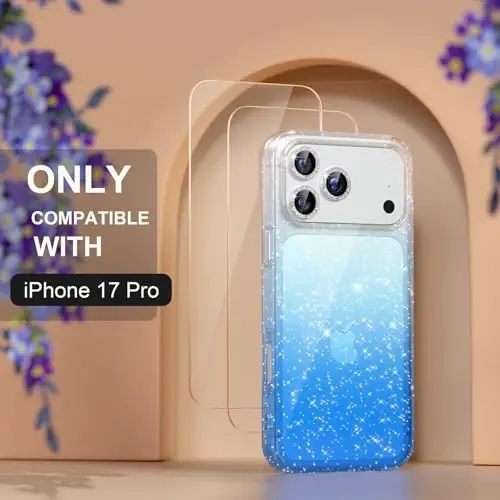 Choiche Compatible for iPhone 17 Pro Case, Women Cute Clear Glitter Bling Sparkly Case, [3 x Diamond Camera Lens Protectors] [2 x Tempered Glass Screen Protectors] 6.3-inch (Glitter Clear/Blue) - CHOICHE (1)