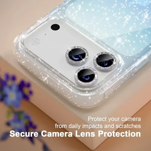 Choiche Compatible for iPhone 17 Pro Case, Women Cute Clear Glitter Bling Sparkly Case, [3 x Diamond Camera Lens Protectors] [2 x Tempered Glass Screen Protectors] 6.3-inch (Glitter Clear/Blue) - 3