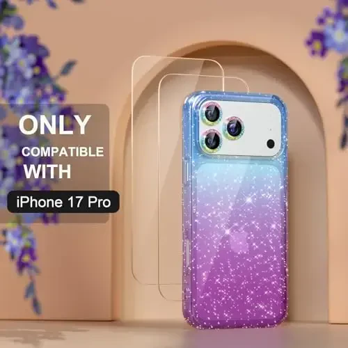Choiche Compatible for iPhone 17 Pro Case, Women Cute Clear Glitter Bling Sparkly Case, [3 x Diamond Camera Lens Protectors] [2 x Tempered Glass Screen Protectors] 6.3-inch (Glitter Blue/Purple) - 2