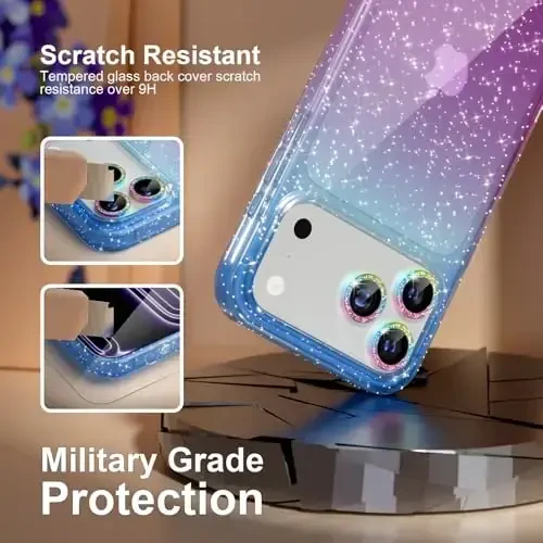 Choiche Compatible for iPhone 17 Pro Case, Women Cute Clear Glitter Bling Sparkly Case, [3 x Diamond Camera Lens Protectors] [2 x Tempered Glass Screen Protectors] 6.3-inch (Glitter Blue/Purple) - 5