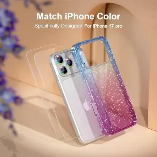 Choiche Compatible for iPhone 17 Pro Case, Women Cute Clear Glitter Bling Sparkly Case, [3 x Diamond Camera Lens Protectors] [2 x Tempered Glass Screen Protectors] 6.3-inch (Glitter Blue/Purple) - 7