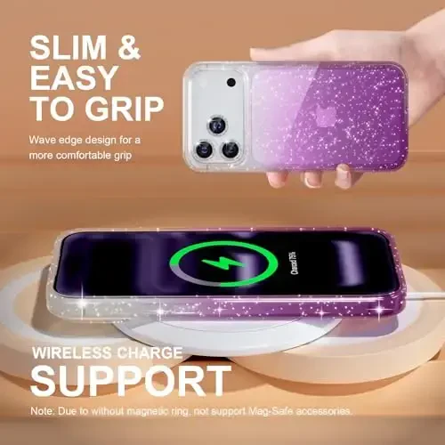Choiche Compatible for iPhone 17 Pro Case, Women Cute Clear Glitter Bling Sparkly Case, [3 x Diamond Camera Lens Protectors] [2 x Tempered Glass Screen Protectors] 6.3-inch (Glitter Clear/Purple) - 6
