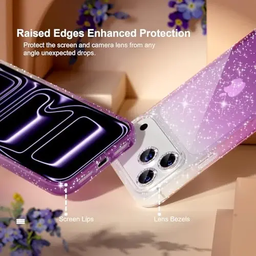 Choiche Compatible for iPhone 17 Pro Case, Women Cute Clear Glitter Bling Sparkly Case, [3 x Diamond Camera Lens Protectors] [2 x Tempered Glass Screen Protectors] 6.3-inch (Glitter Clear/Purple) - 4