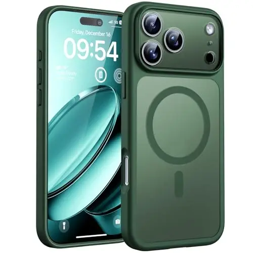 iPhone 17 Pro Kılıfı için TOCOL, Tam Kamera Koruması, Dahili Manyetik Halka, Magsafe Şarj Cihazı ile Uyumlu, Düşme Koruması, iPhone 17 Pro 6.3 inç için Yarı Saydam Mat Telefon Kılıfı (Alp Yeşili) 